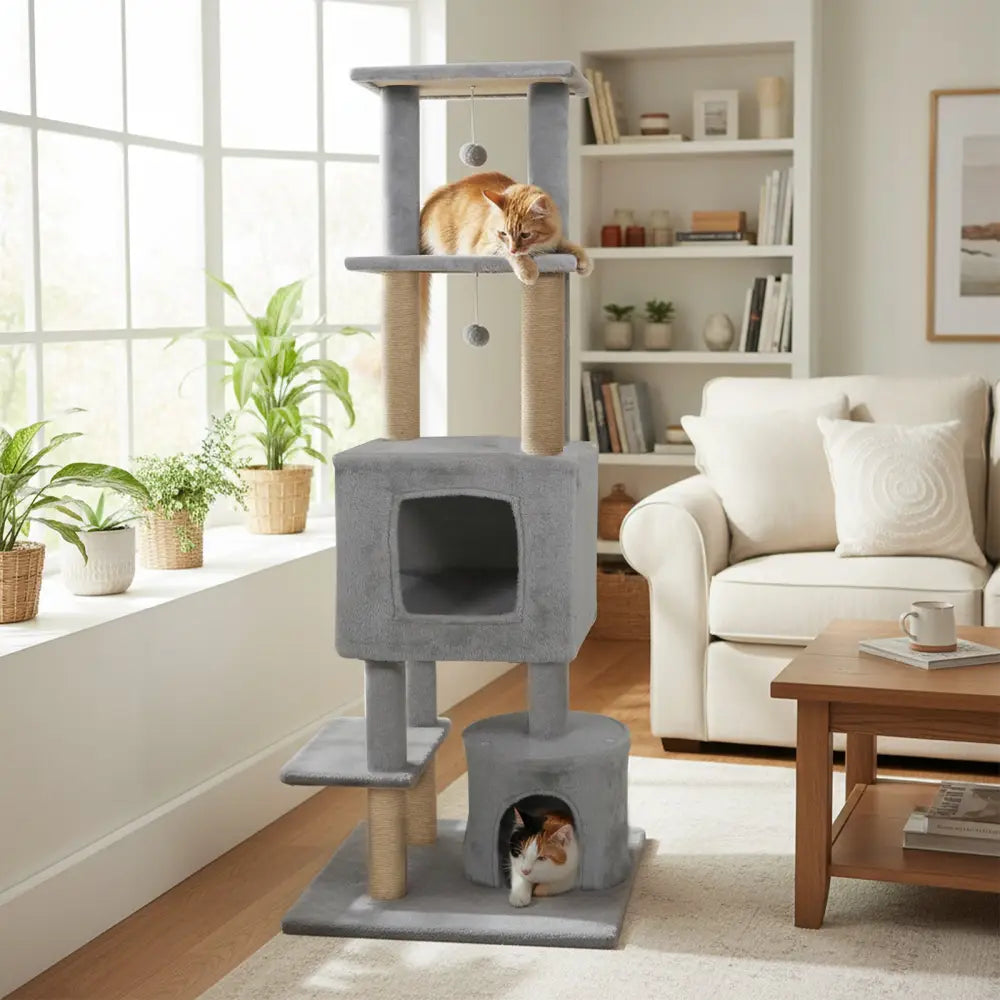 64 Inch Tall Cat Tree with 2 Large Condos and Jute Scratching Posts for Indoor Adult Cats-Light Grey - Light Gray - Cat