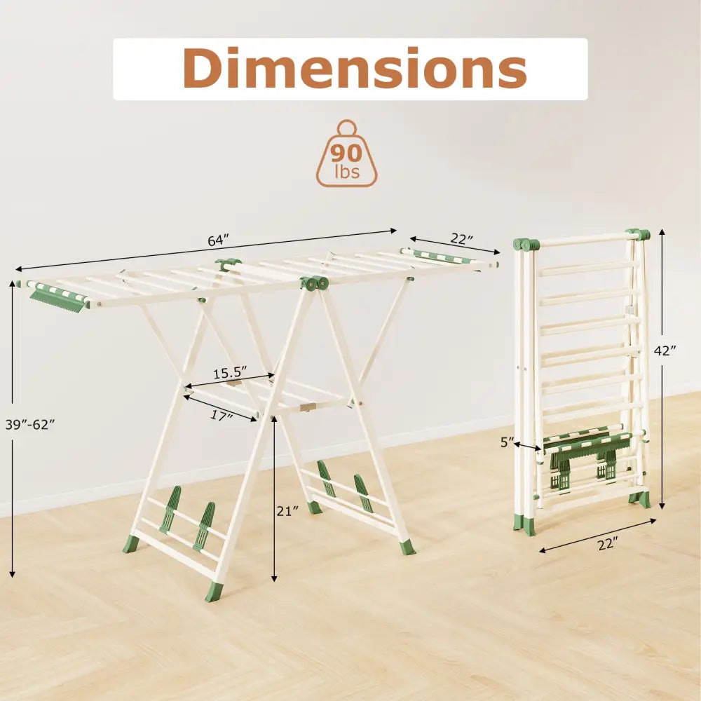 64 Inches Clothes Drying Rack with Height Adjustable Wings-Beige - Beige - Drying Racks