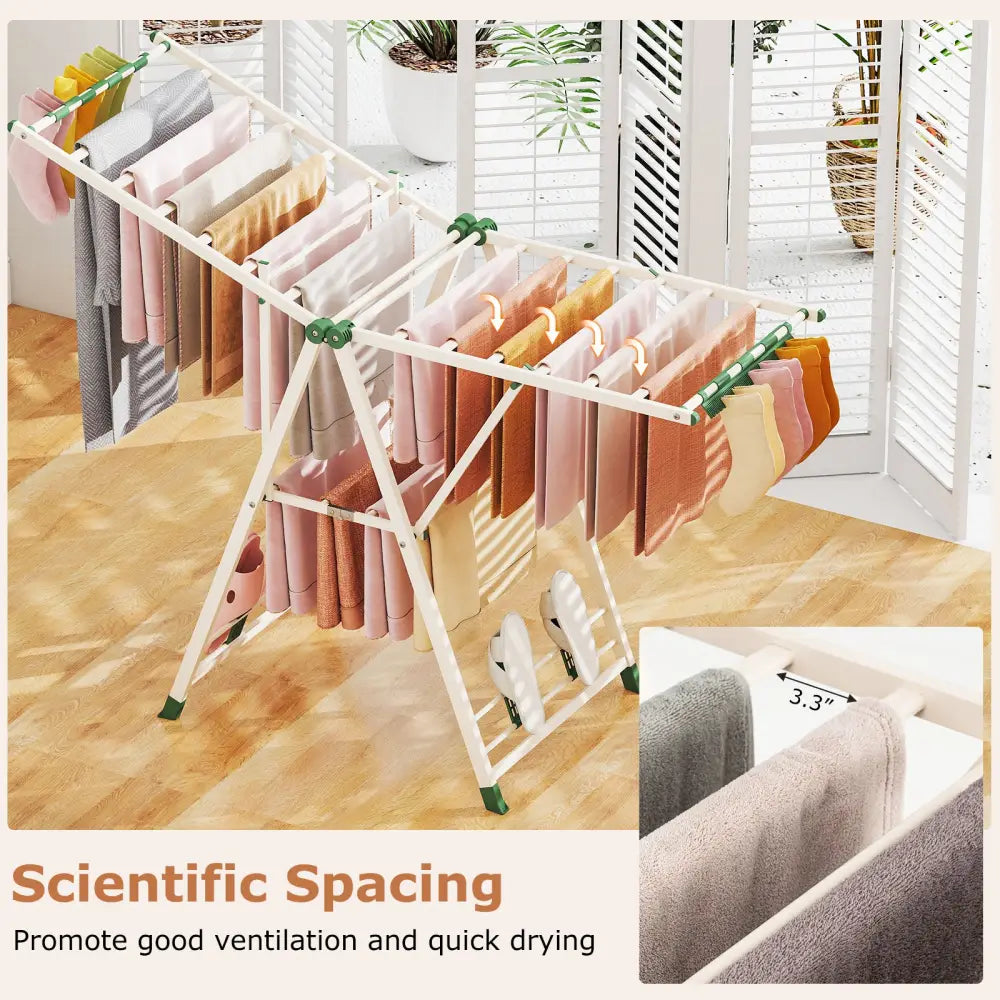 64 Inches Clothes Drying Rack with Height Adjustable Wings-Beige - Beige - Drying Racks