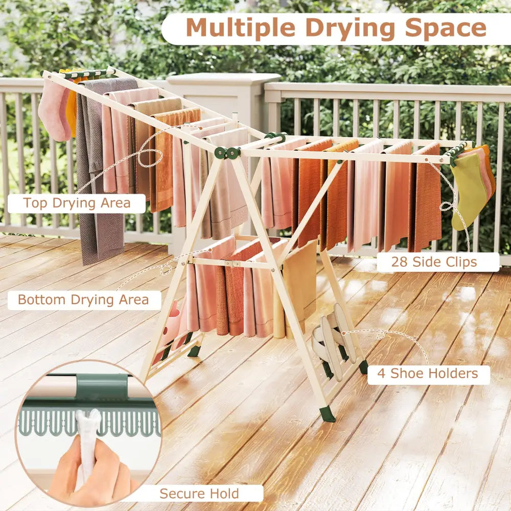 64 Inches Clothes Drying Rack with Height Adjustable Wings-Beige - Beige - Drying Racks
