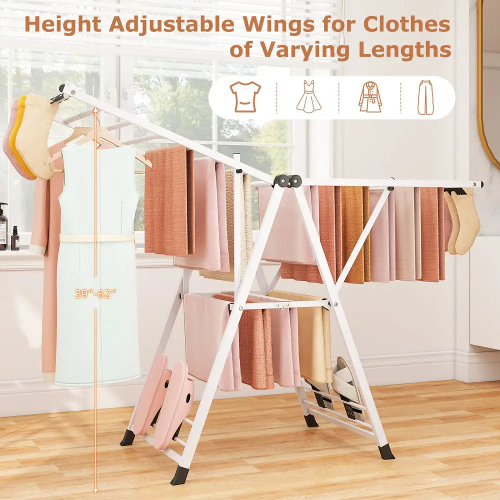 64 Inches Clothes Drying Rack with Height Adjustable Wings-White - White - Drying Racks