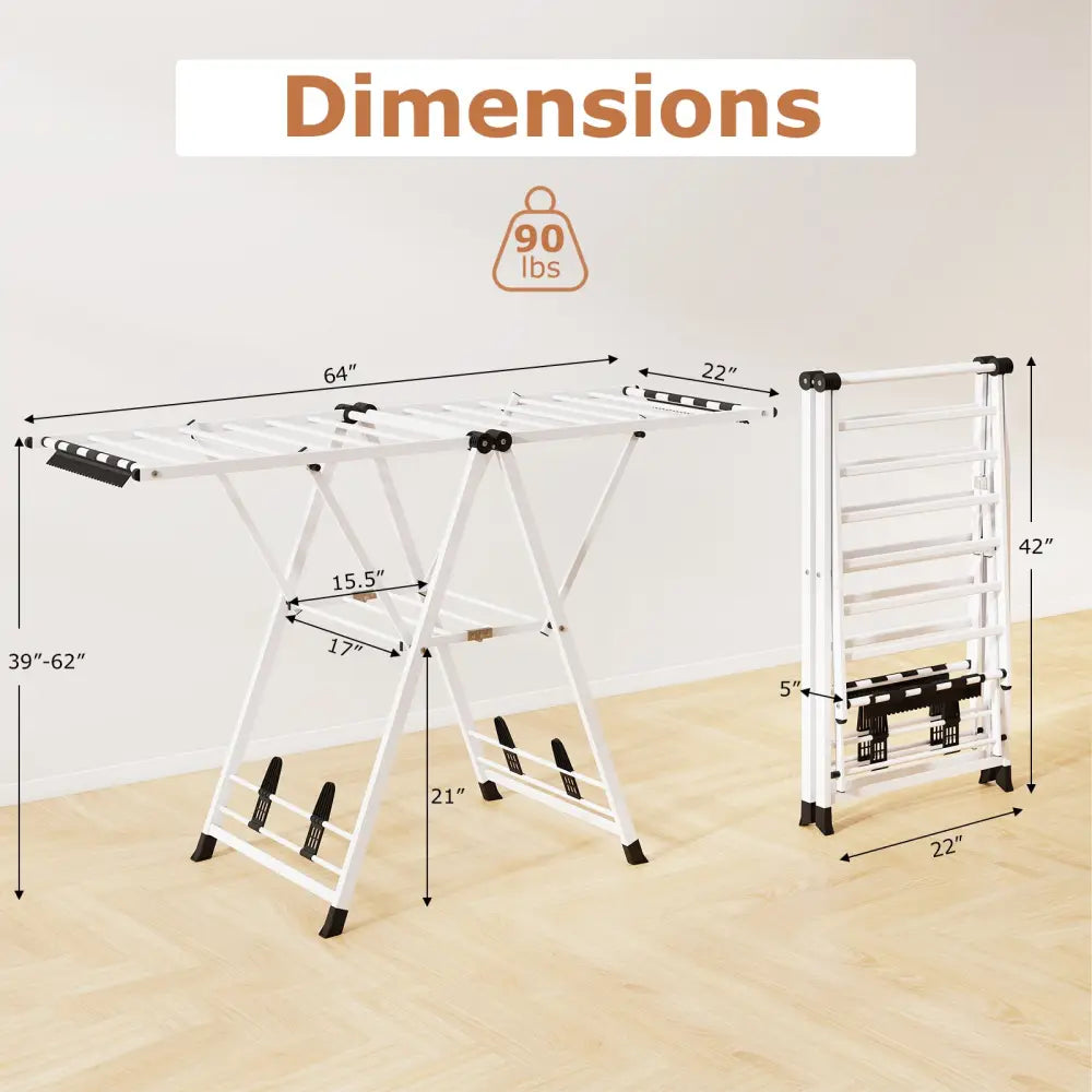 64 Inches Clothes Drying Rack with Height Adjustable Wings-White - White - Drying Racks