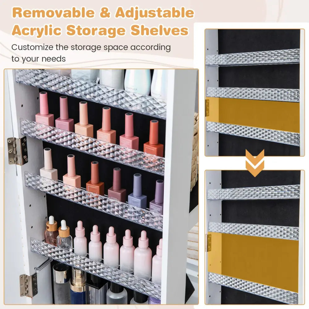 64 Inches Lockable Jewelry Cabinet Armoire with Built-in Makeup Mirror-White - White - Jewelry Armoires