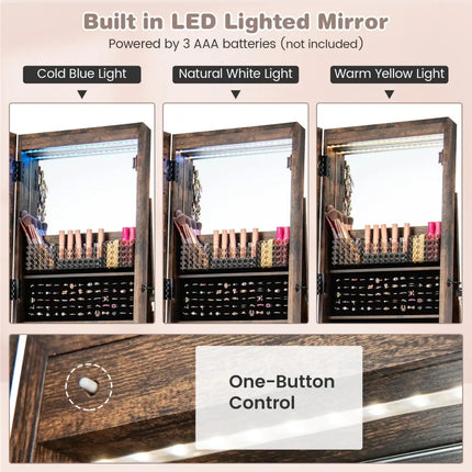 64 Inches Lockable Jewelry Cabinet Armoire with Built-in Makeup Mirror-Coffee - Coffee - Jewelry Armoires
