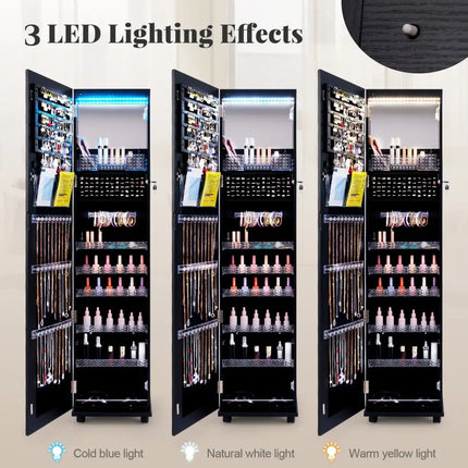 64 Inches Lockable Jewelry Cabinet Armoire with Built-in Makeup Mirror-Black - Black - Jewelry Armoires