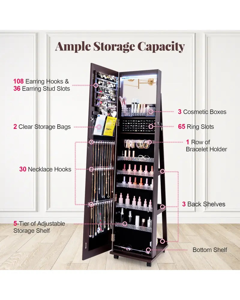 64 Inches Lockable Jewelry Cabinet Armoire with Built-in Makeup Mirror-Purple - Purple - Jewelry Armoires