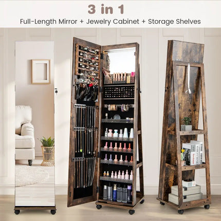 64 Inches Lockable Jewelry Cabinet Armoire with Built-in Makeup Mirror-Coffee - Coffee - Jewelry Armoires