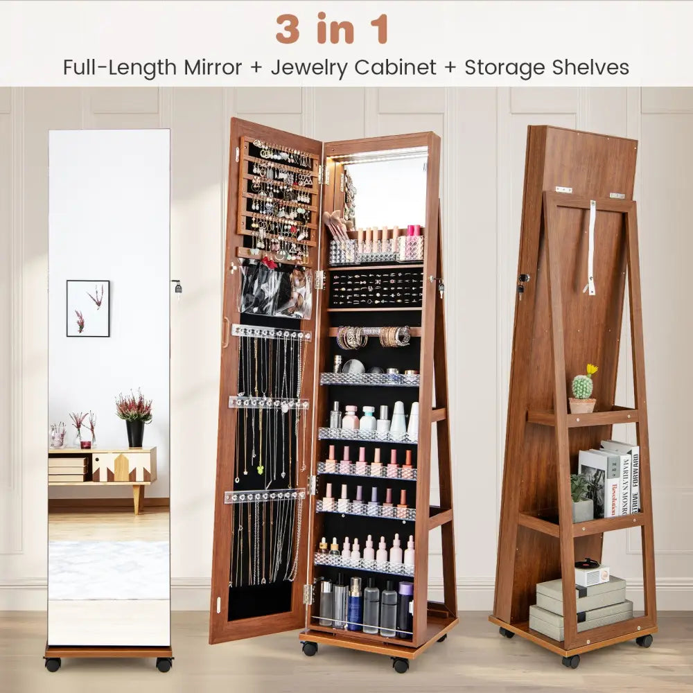 64 Inches Lockable Jewelry Cabinet Armoire with Built-in Makeup Mirror-Brown - Brown - Jewelry Armoires