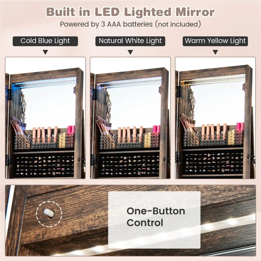 64 Inches Lockable Jewelry Cabinet Armoire with Built-in Makeup Mirror-Coffee - Coffee - Jewelry Armoires