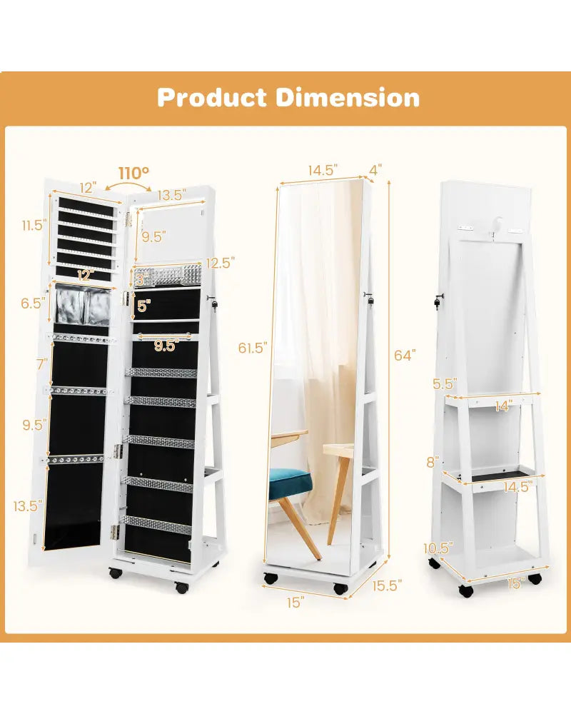 64 Inches Lockable Jewelry Cabinet Armoire with Built-in Makeup Mirror-White - White - Jewelry Armoires
