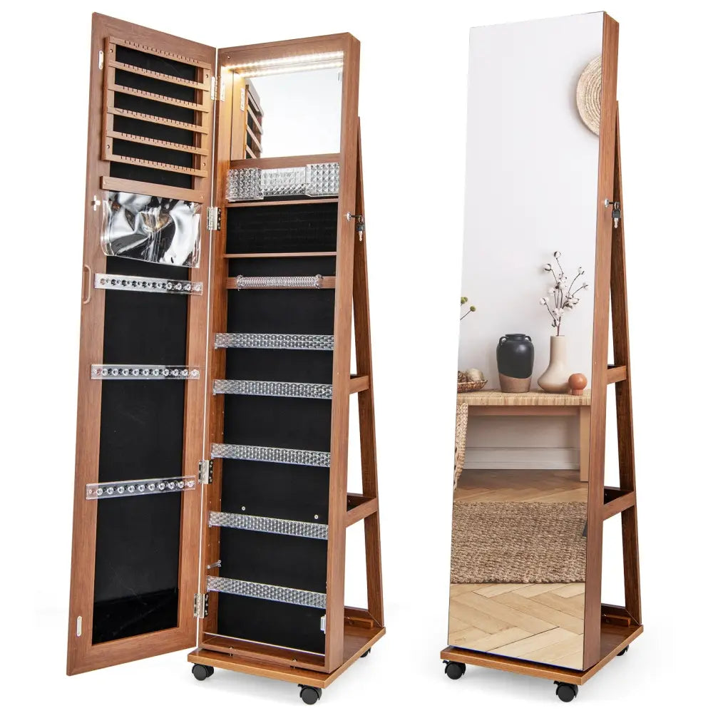 64 Inches Lockable Jewelry Cabinet Armoire with Built-in Makeup Mirror-Brown - Brown - Jewelry Armoires