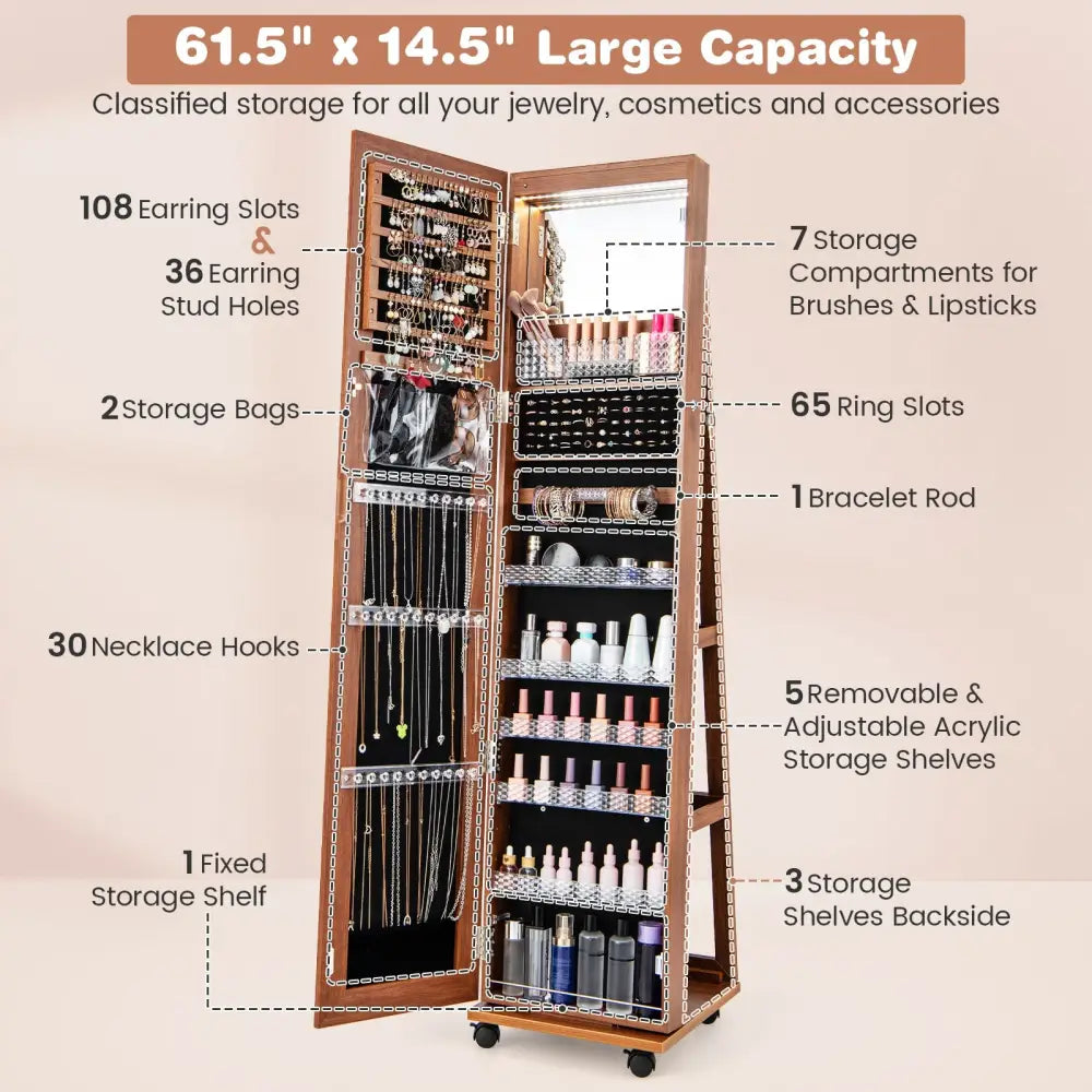 64 Inches Lockable Jewelry Cabinet Armoire with Built-in Makeup Mirror-Brown - Brown - Jewelry Armoires