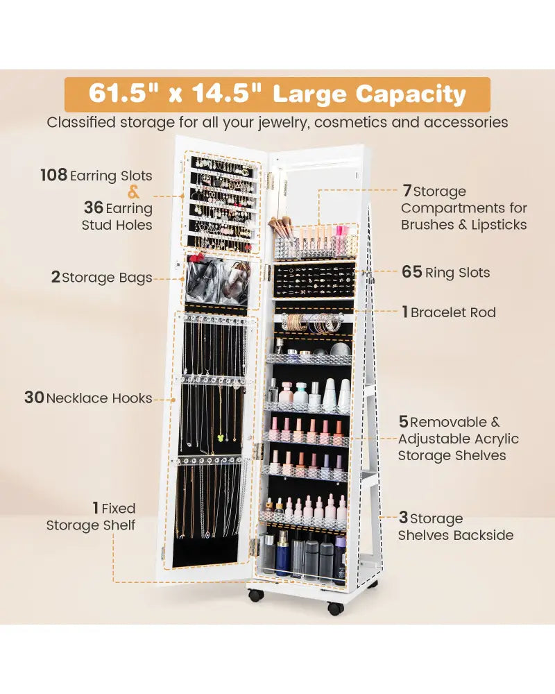 64 Inches Lockable Jewelry Cabinet Armoire with Built-in Makeup Mirror-White - White - Jewelry Armoires