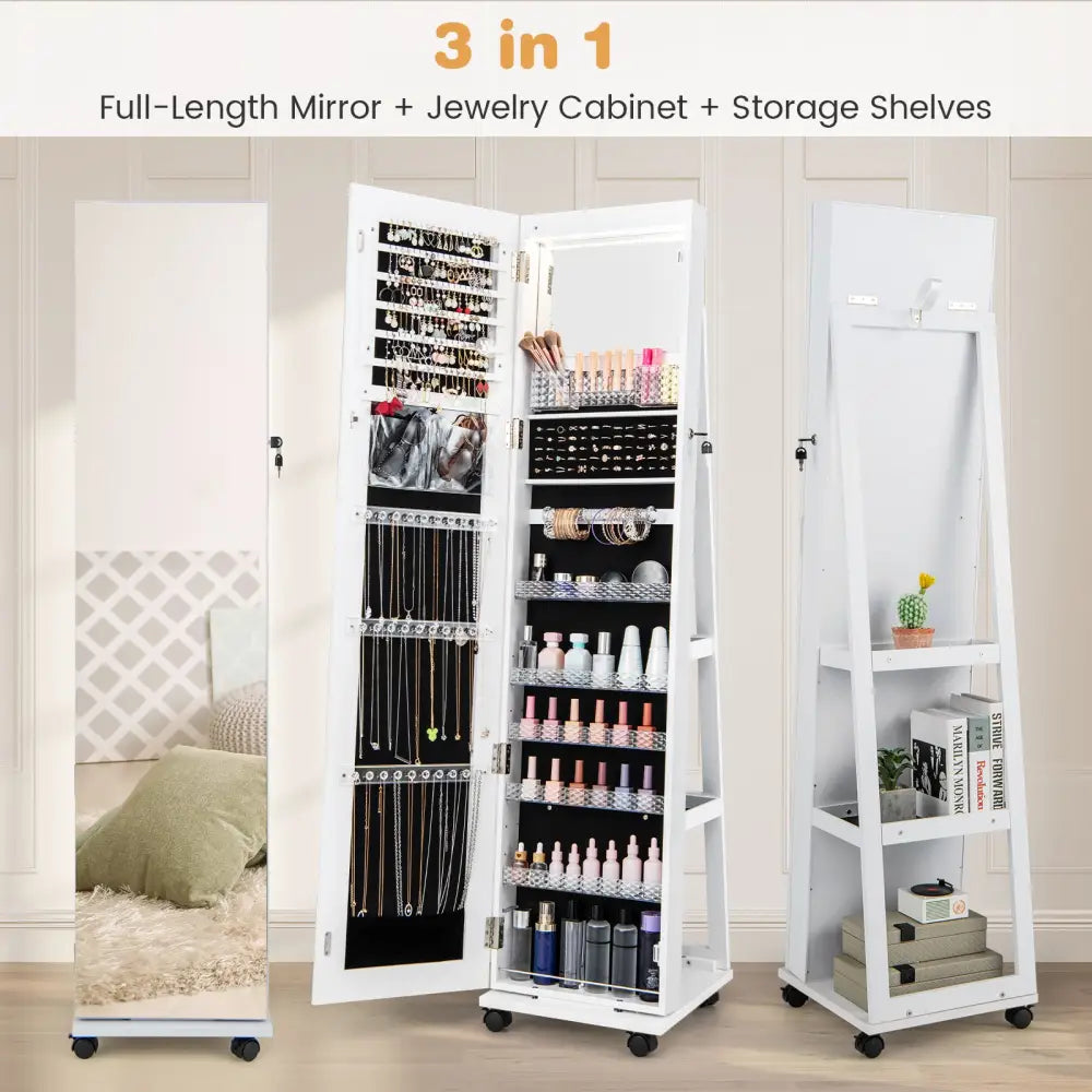 64 Inches Lockable Jewelry Cabinet Armoire with Built-in Makeup Mirror-White - White - Jewelry Armoires