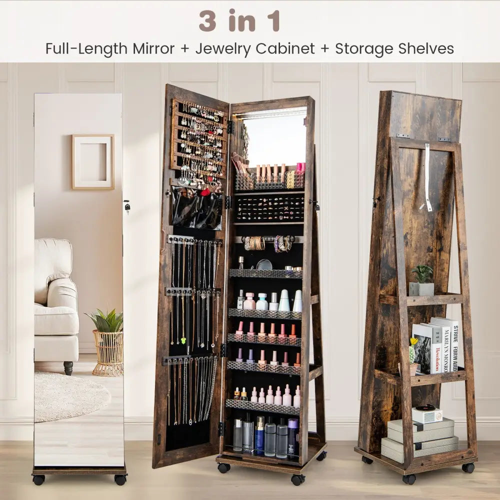64 Inches Lockable Jewelry Cabinet Armoire with Built-in Makeup Mirror-Coffee - Coffee - Jewelry Armoires