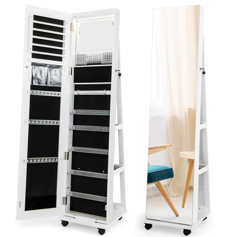 64 Inches Lockable Jewelry Cabinet Armoire with Built-in Makeup Mirror-White - White - Jewelry Armoires