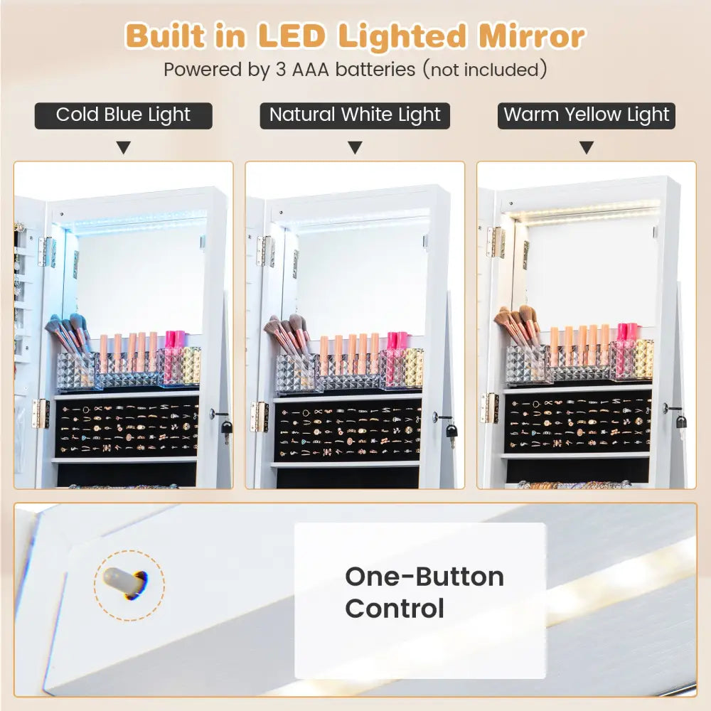 64 Inches Lockable Jewelry Cabinet Armoire with Built-in Makeup Mirror-White - White - Jewelry Armoires