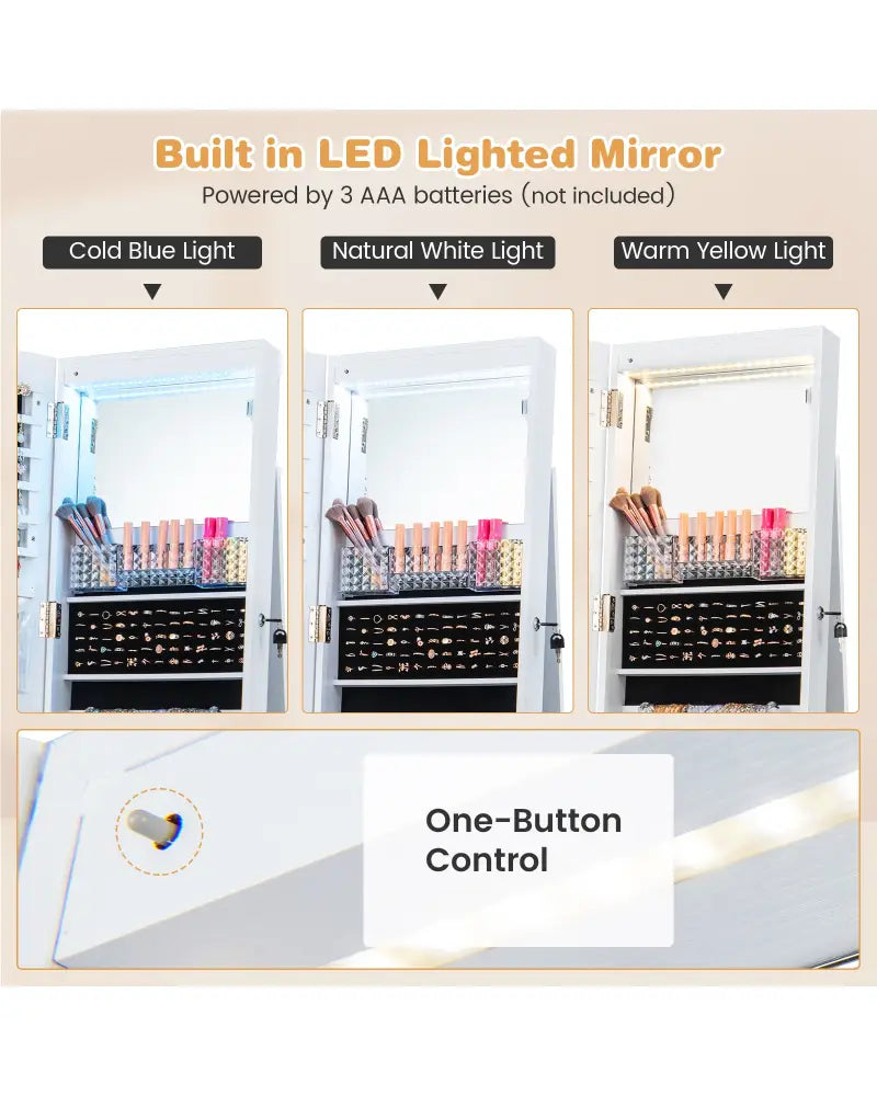64 Inches Lockable Jewelry Cabinet Armoire with Built-in Makeup Mirror-White - White - Jewelry Armoires