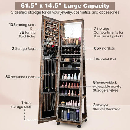 64 Inches Lockable Jewelry Cabinet Armoire with Built-in Makeup Mirror-Coffee - Coffee - Jewelry Armoires