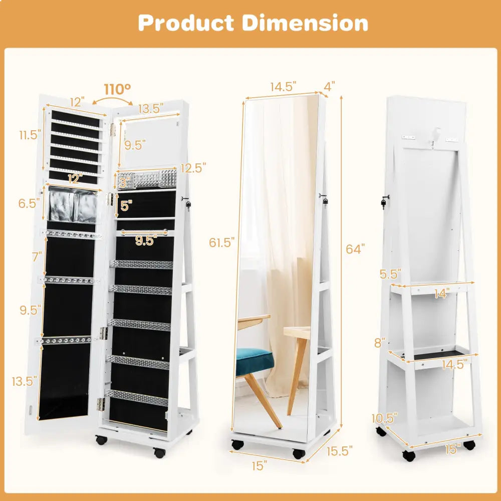 64 Inches Lockable Jewelry Cabinet Armoire with Built-in Makeup Mirror-White - White - Jewelry Armoires