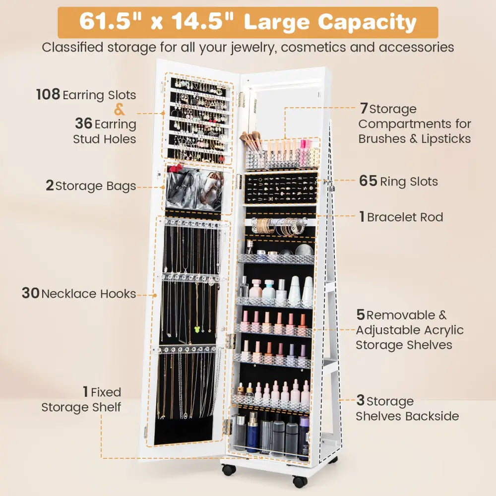 64 Inches Lockable Jewelry Cabinet Armoire with Built-in Makeup Mirror-White - White - Jewelry Armoires