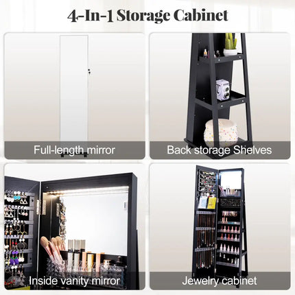 64 Inches Lockable Jewelry Cabinet Armoire with Built-in Makeup Mirror-Black - Black - Jewelry Armoires