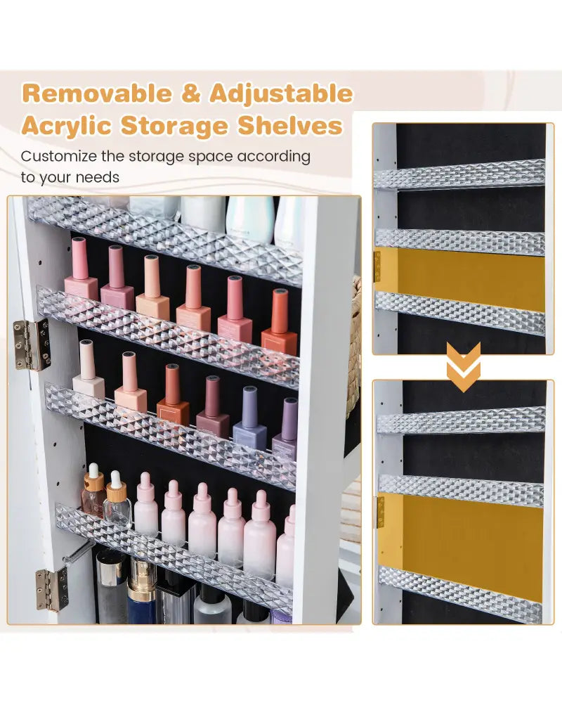 64 Inches Lockable Jewelry Cabinet Armoire with Built-in Makeup Mirror-White - White - Jewelry Armoires