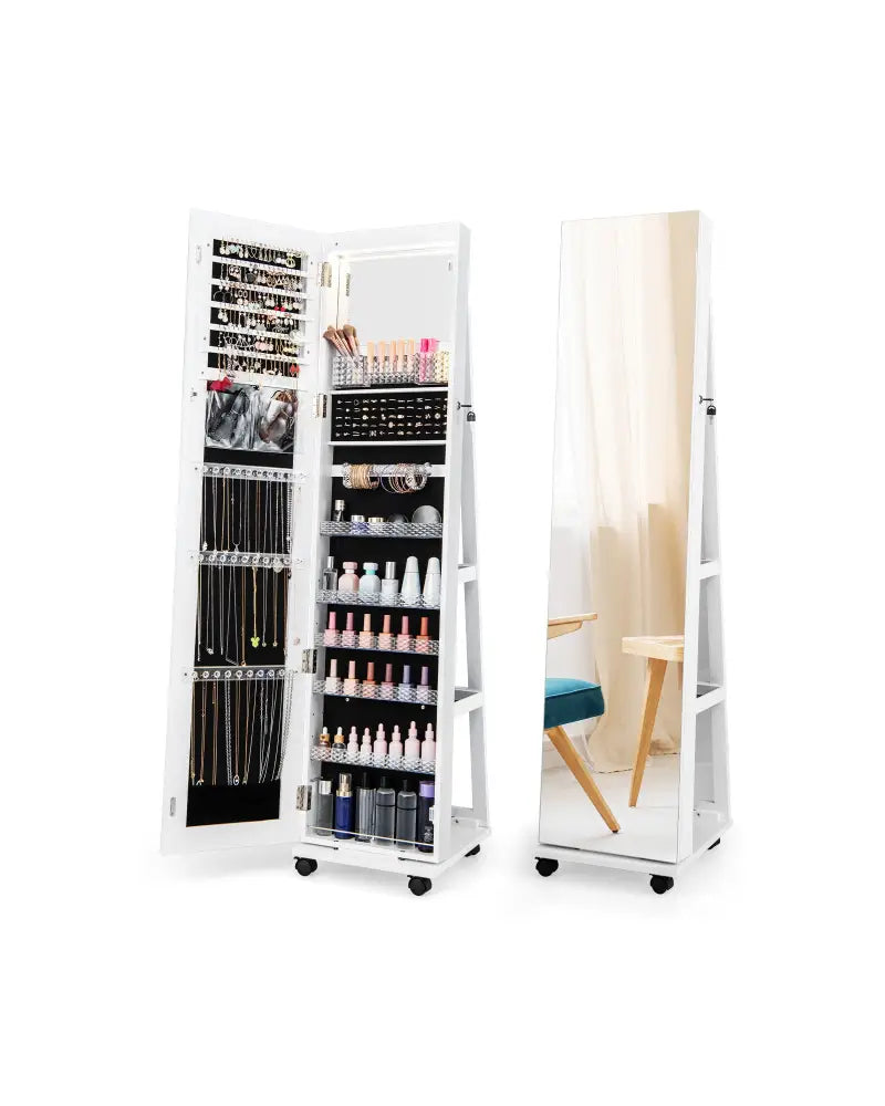 64 Inches Lockable Jewelry Cabinet Armoire with Built-in Makeup Mirror-White - White - Jewelry Armoires