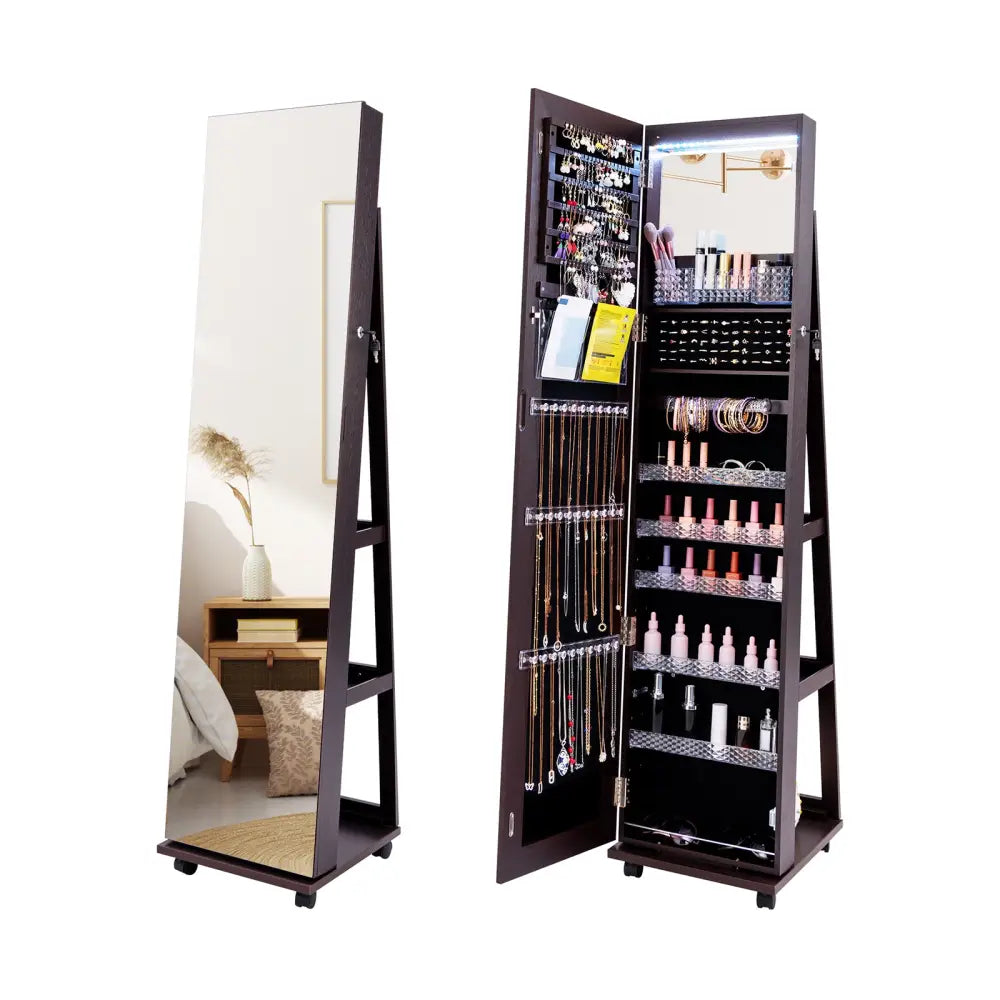 64 Inches Lockable Jewelry Cabinet Armoire with Built-in Makeup Mirror-Purple - Purple - Jewelry Armoires