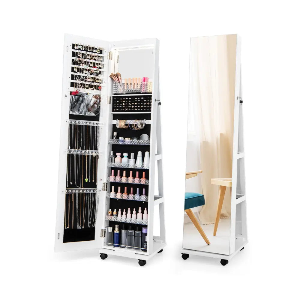 64 Inches Lockable Jewelry Cabinet Armoire with Built-in Makeup Mirror-White - White - Jewelry Armoires