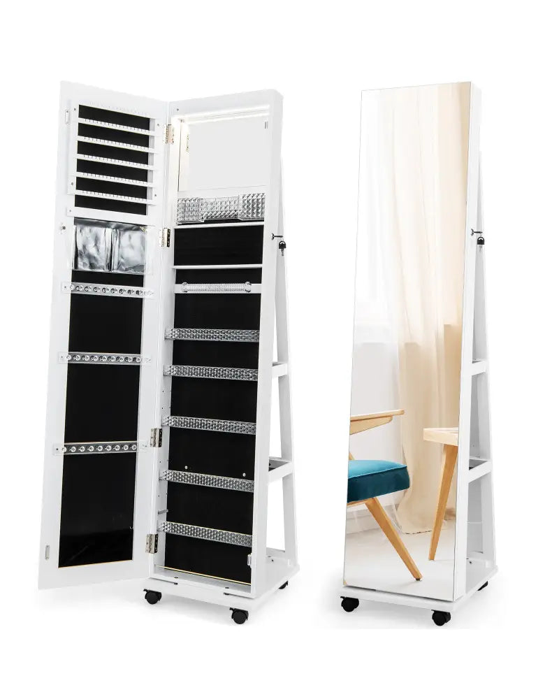 64 Inches Lockable Jewelry Cabinet Armoire with Built-in Makeup Mirror-White - White - Jewelry Armoires