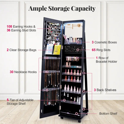 64 Inches Lockable Jewelry Cabinet Armoire with Built-in Makeup Mirror-Black - Black - Jewelry Armoires