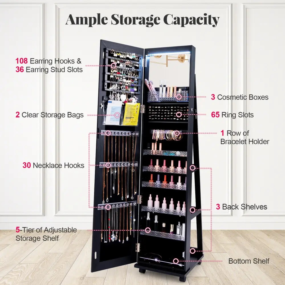 64 Inches Lockable Jewelry Cabinet Armoire with Built-in Makeup Mirror-Black - Black - Jewelry Armoires