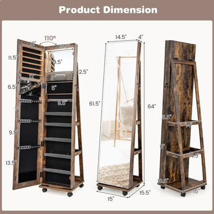 64 Inches Lockable Jewelry Cabinet Armoire with Built-in Makeup Mirror-Coffee - Coffee - Jewelry Armoires
