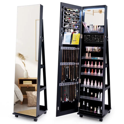 64 Inches Lockable Jewelry Cabinet Armoire with Built-in Makeup Mirror-Black - Black - Jewelry Armoires