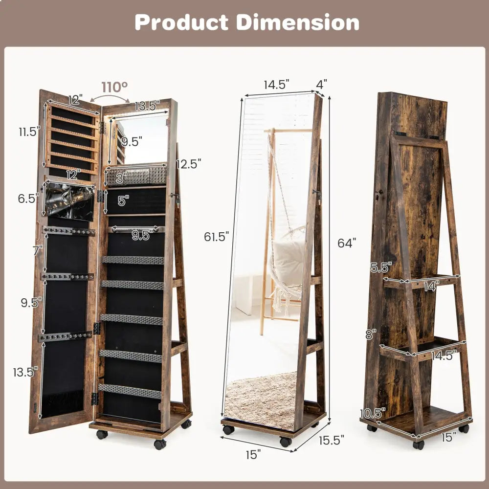 64 Inches Lockable Jewelry Cabinet Armoire with Built-in Makeup Mirror-Coffee - Coffee - Jewelry Armoires