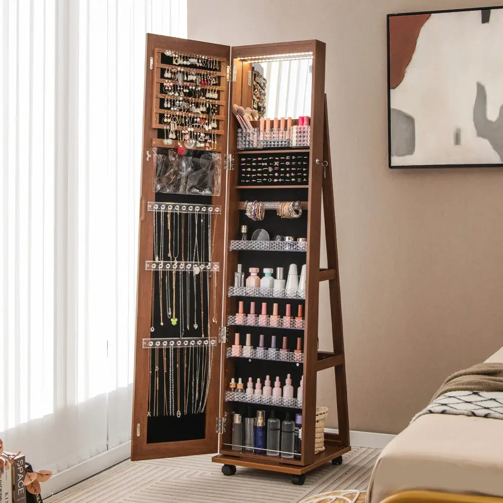 64 Inches Lockable Jewelry Cabinet Armoire with Built-in Makeup Mirror-Brown - Brown - Jewelry Armoires