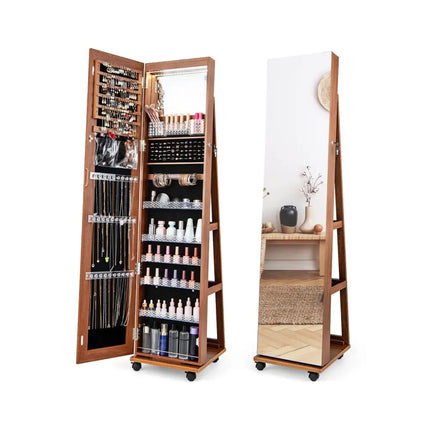 64 Inches Lockable Jewelry Cabinet Armoire with Built-in Makeup Mirror-Brown - Brown - Jewelry Armoires
