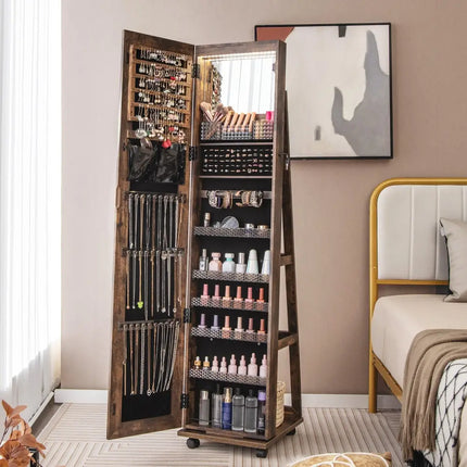 64 Inches Lockable Jewelry Cabinet Armoire with Built-in Makeup Mirror-Coffee - Coffee - Jewelry Armoires