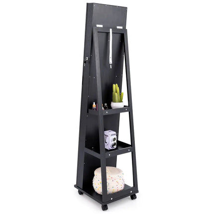 64 Inches Lockable Jewelry Cabinet Armoire with Built-in Makeup Mirror-Black - Black - Jewelry Armoires