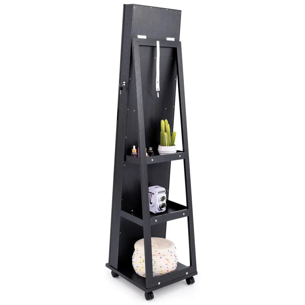 64 Inches Lockable Jewelry Cabinet Armoire with Built-in Makeup Mirror-Black - Black - Jewelry Armoires
