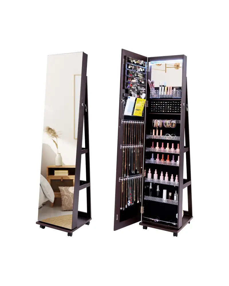 64 Inches Lockable Jewelry Cabinet Armoire with Built-in Makeup Mirror-Purple - Purple - Jewelry Armoires