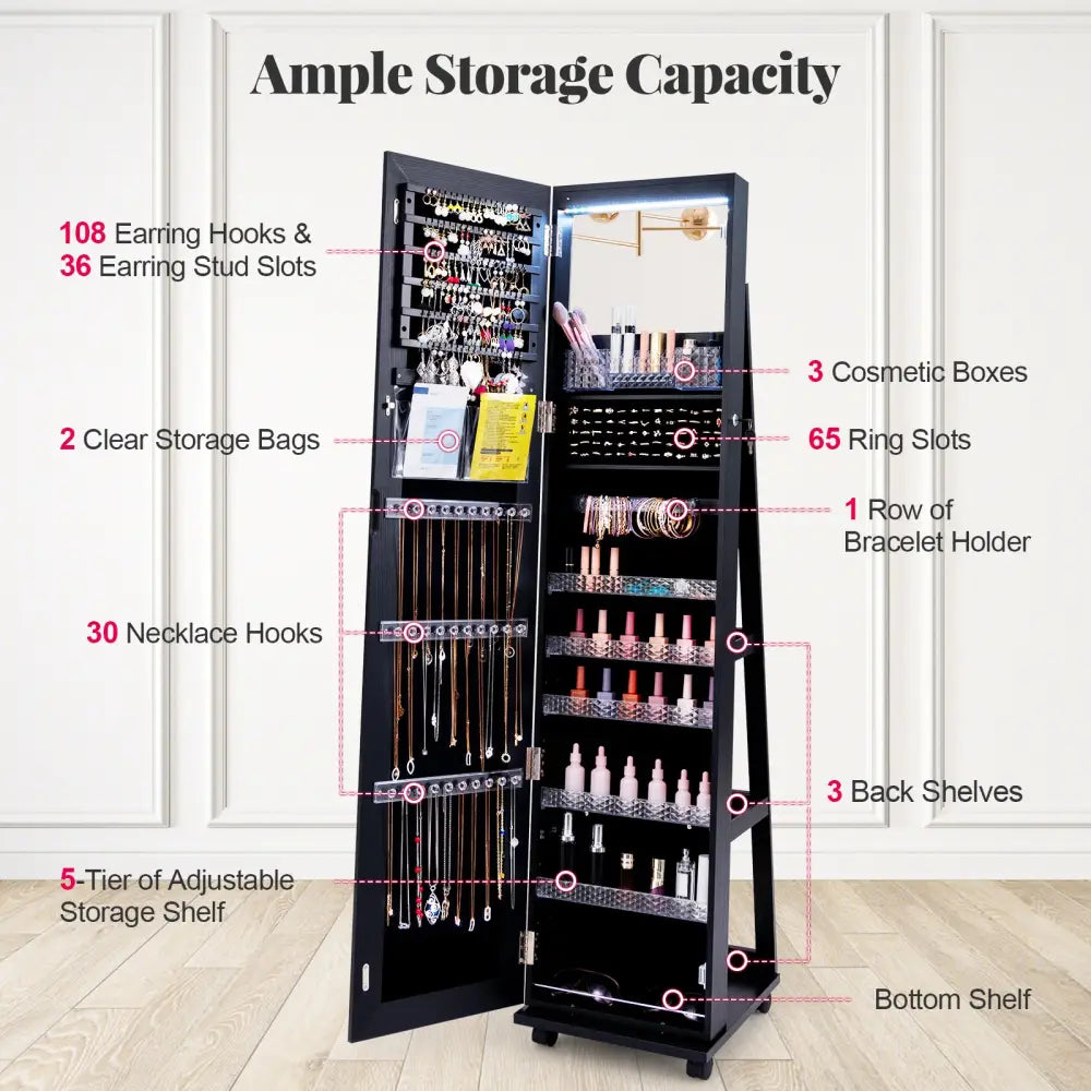 64 Inches Lockable Jewelry Cabinet Armoire with Built-in Makeup Mirror-Black - Black - Jewelry Armoires