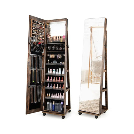 64 Inches Lockable Jewelry Cabinet Armoire with Built-in Makeup Mirror-Coffee - Coffee - Jewelry Armoires