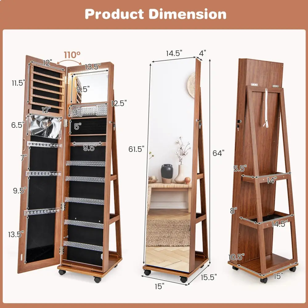64 Inches Lockable Jewelry Cabinet Armoire with Built-in Makeup Mirror-Brown - Brown - Jewelry Armoires