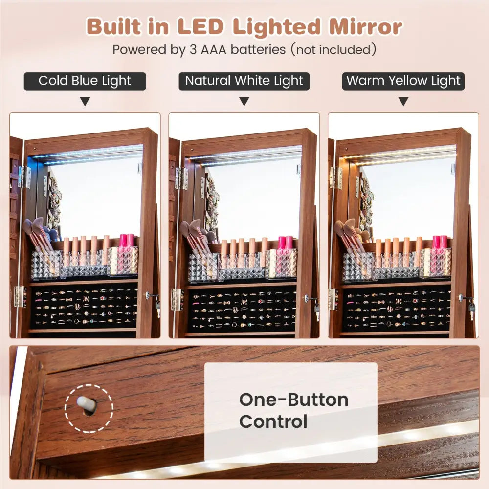 64 Inches Lockable Jewelry Cabinet Armoire with Built-in Makeup Mirror-Brown - Brown - Jewelry Armoires