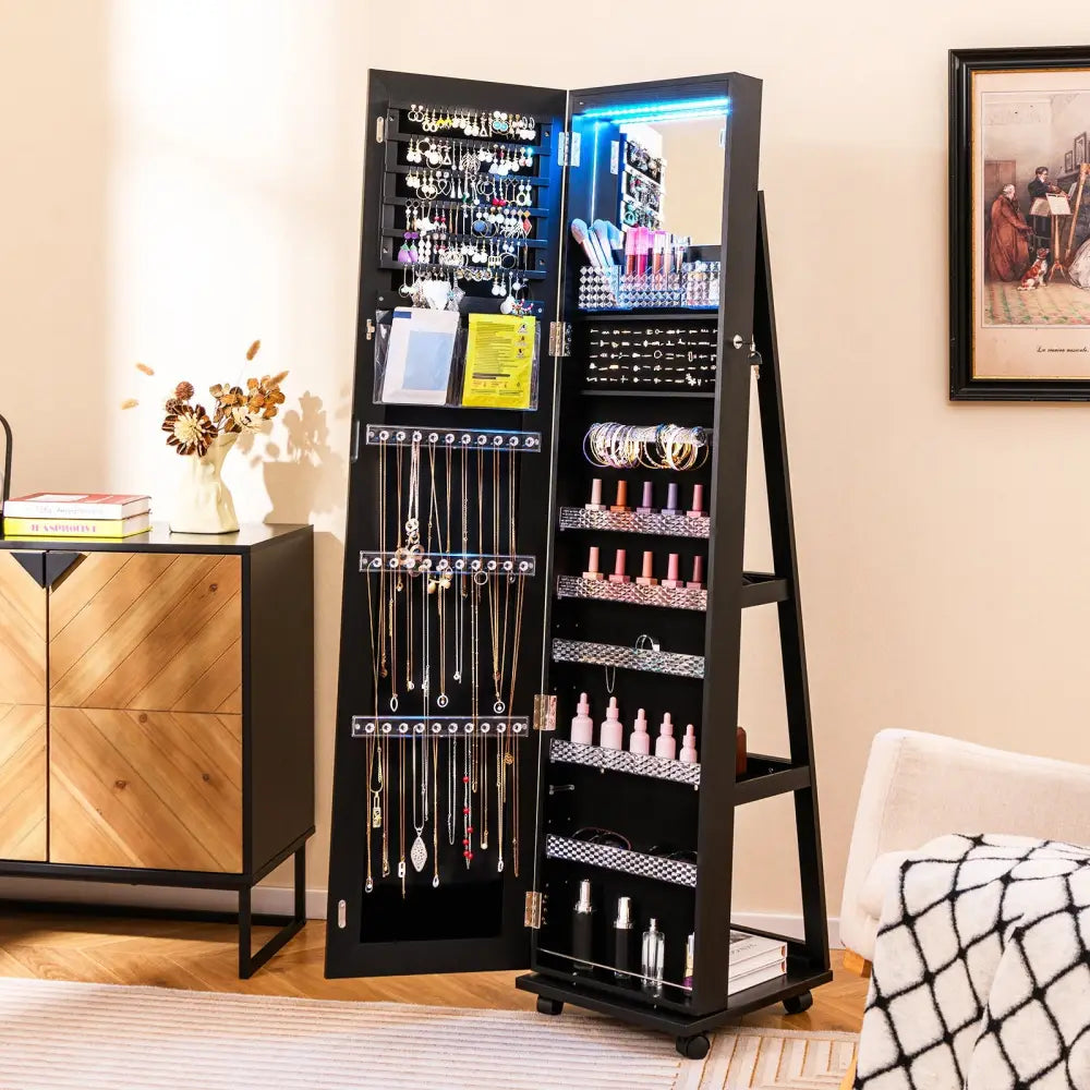 64 Inches Lockable Jewelry Cabinet Armoire with Built-in Makeup Mirror-Black - Black - Jewelry Armoires