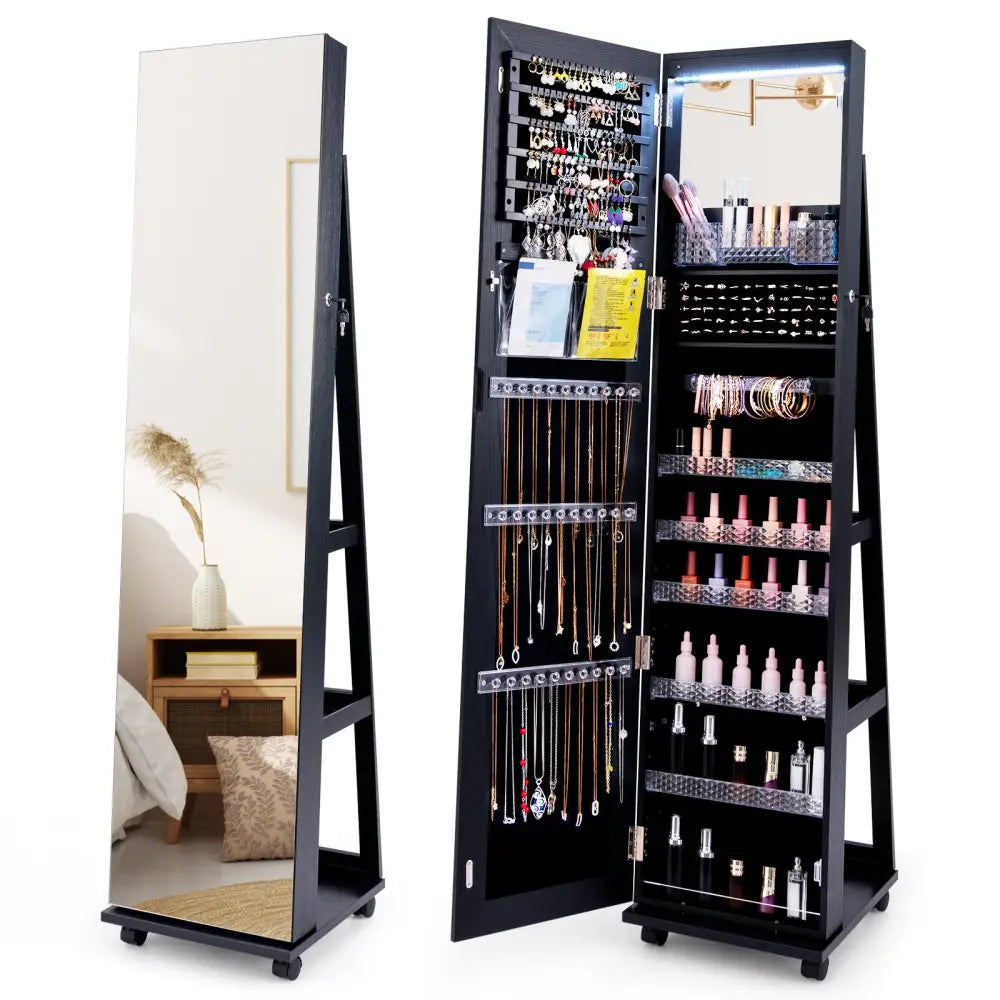 64 Inches Lockable Jewelry Cabinet Armoire with Built-in Makeup Mirror-Black - Black - Jewelry Armoires