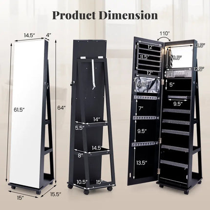 64 Inches Lockable Jewelry Cabinet Armoire with Built-in Makeup Mirror-Black - Black - Jewelry Armoires