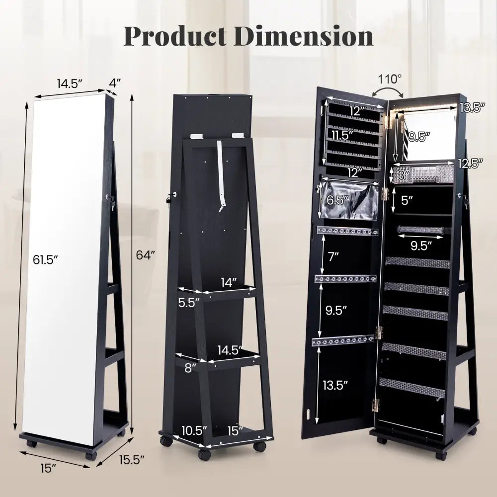 64 Inches Lockable Jewelry Cabinet Armoire with Built-in Makeup Mirror-Black - Black - Jewelry Armoires